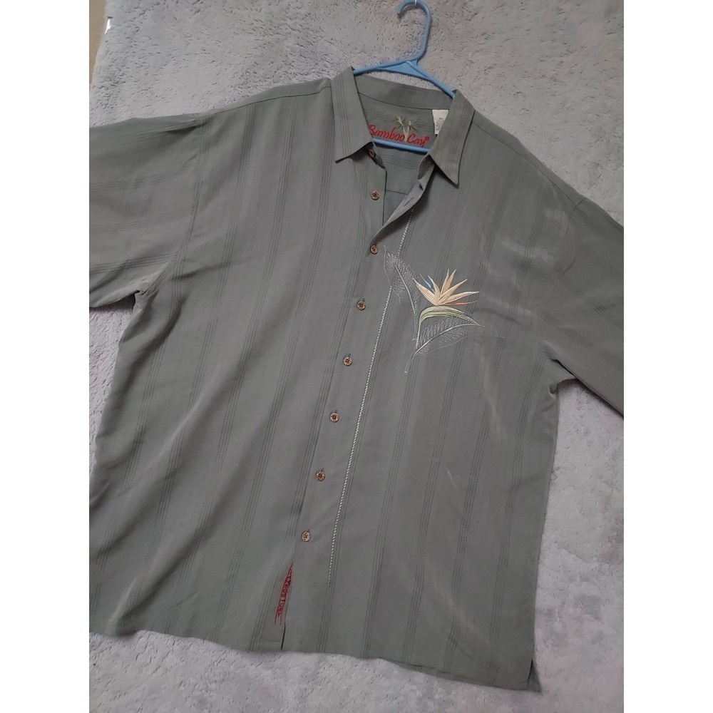 Bamboo Cay Shirt Men 3XL Embroidered Hawaiian Gray Green Camp Modal Blend Resort
